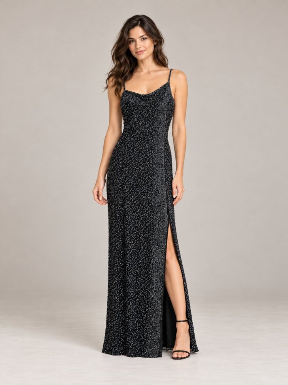 Sean Collection Black Beaded Silk Open Back Slit Maxi Gown M